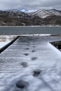 山中湖の桟橋に積もる雪と足跡